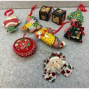 Lot of 9 Vintage Christmas Ornaments Fabric Some Quilted Homemade‎ Stitched